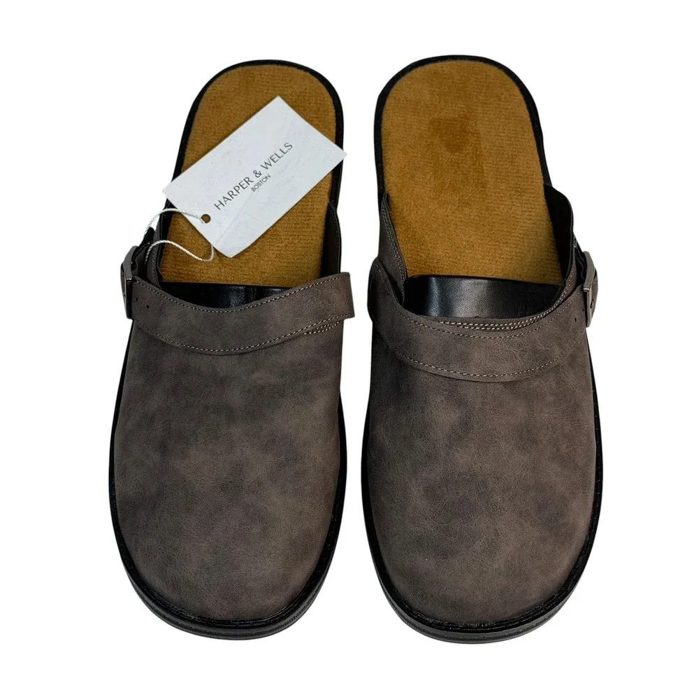 Harper & Wells Boston Mens Clogs Mules Dark Taupe Brown Buckle Size 43 NEW